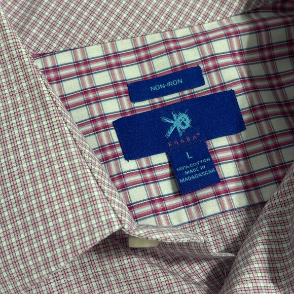 Egara Non-Iron LS Dress Shirt Men's Large Red Pink White Plaid Check Flip Cuff - Picture 6 of 7